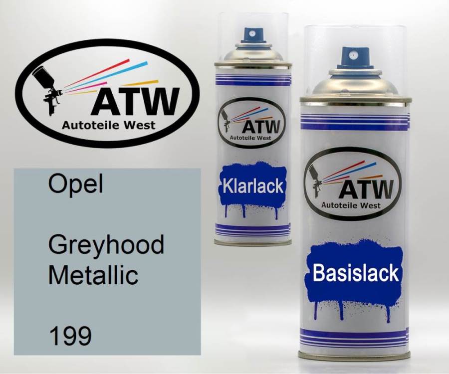 Opel, Greyhood Metallic, 199: 400ml Sprühdose + 400ml Klarlack - Set, von ATW Autoteile West.